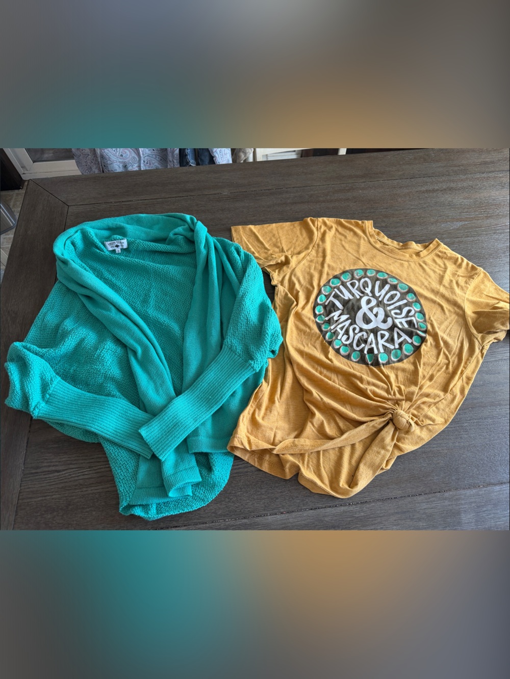 Kids Turquoise Knit Cardigan & Mustard Graphic Tee - 2-Pack